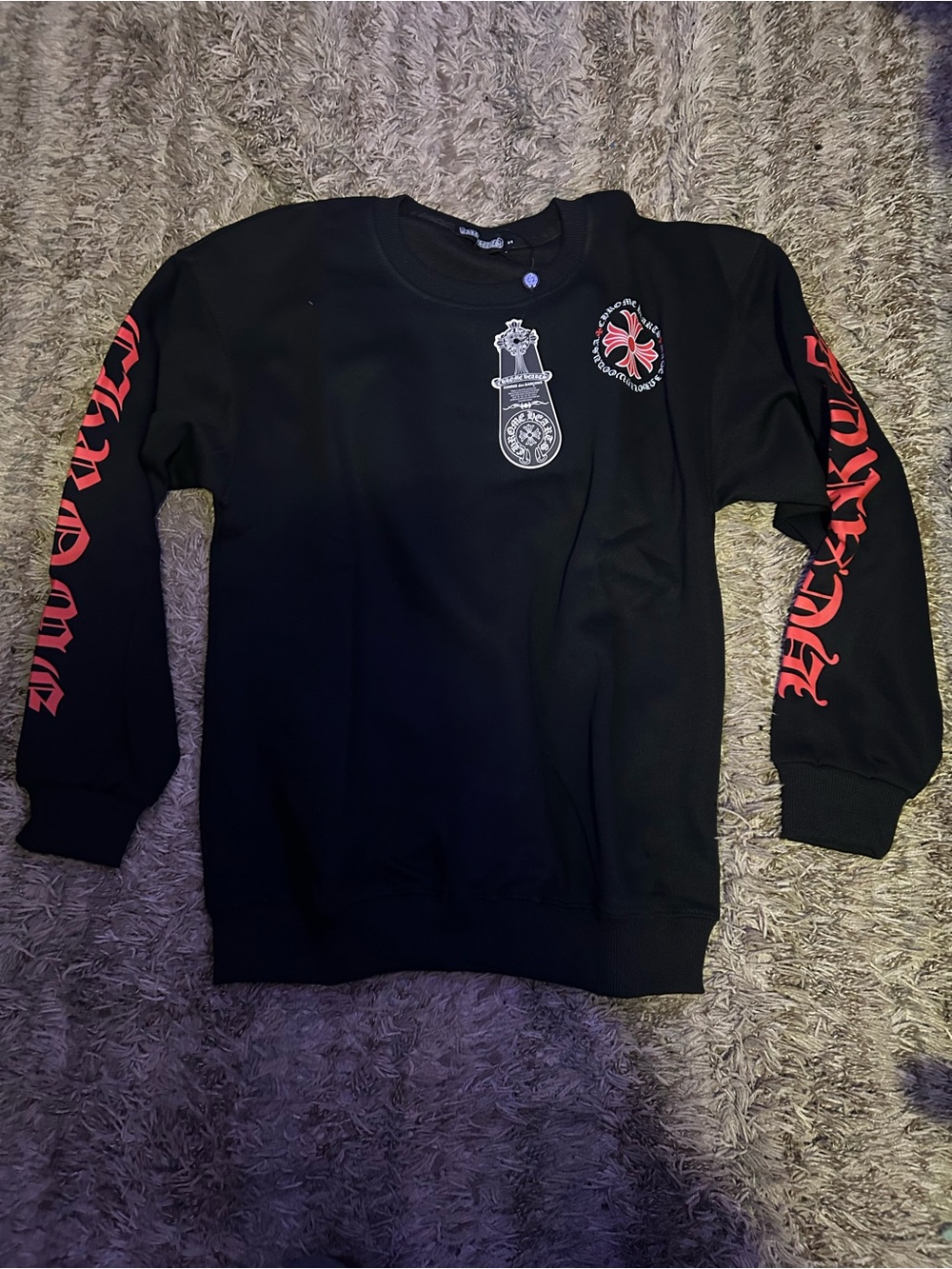 Chrome Hearts Black Crewneck Sweatshirt with Red Sleeve Script